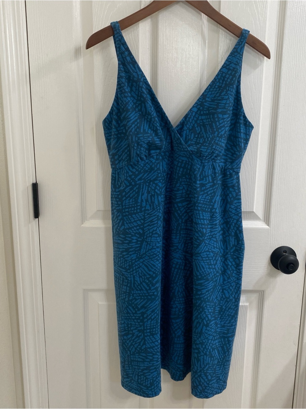 PrAna Hemp Organic Cotton Midi Dress Medium Blue Geometric Open Back Pockets